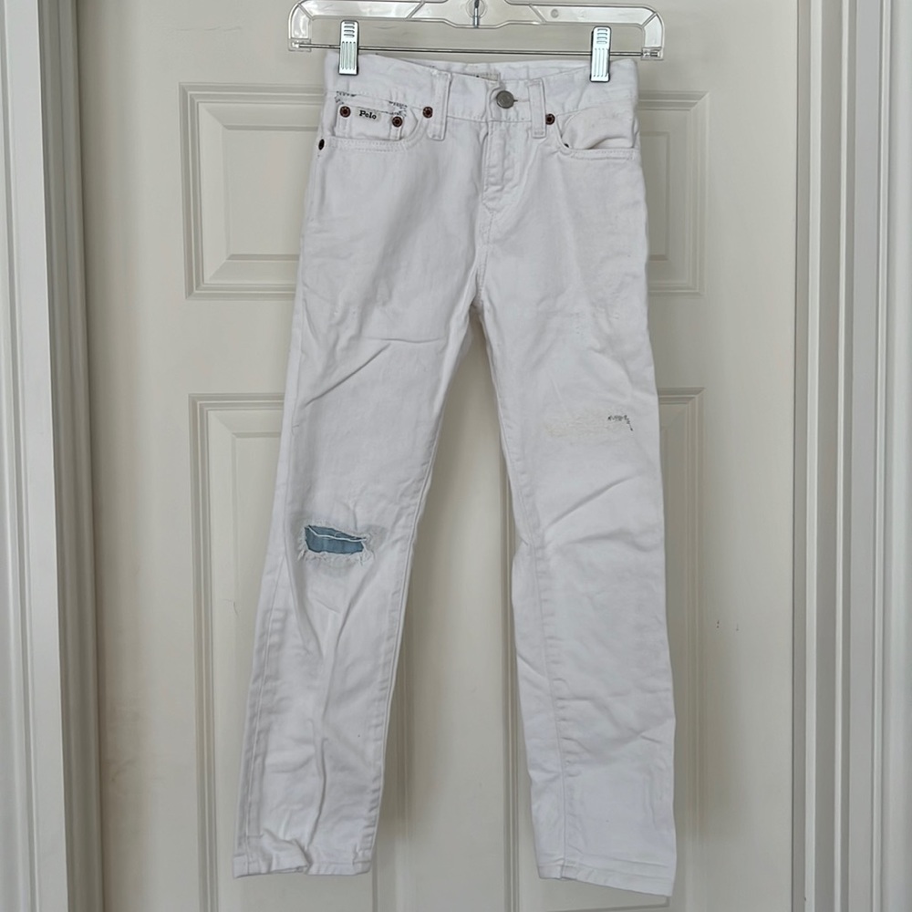 Boys Polo by Ralph Lauren White Distressed Jeans Sz 8 adjustable interior waist